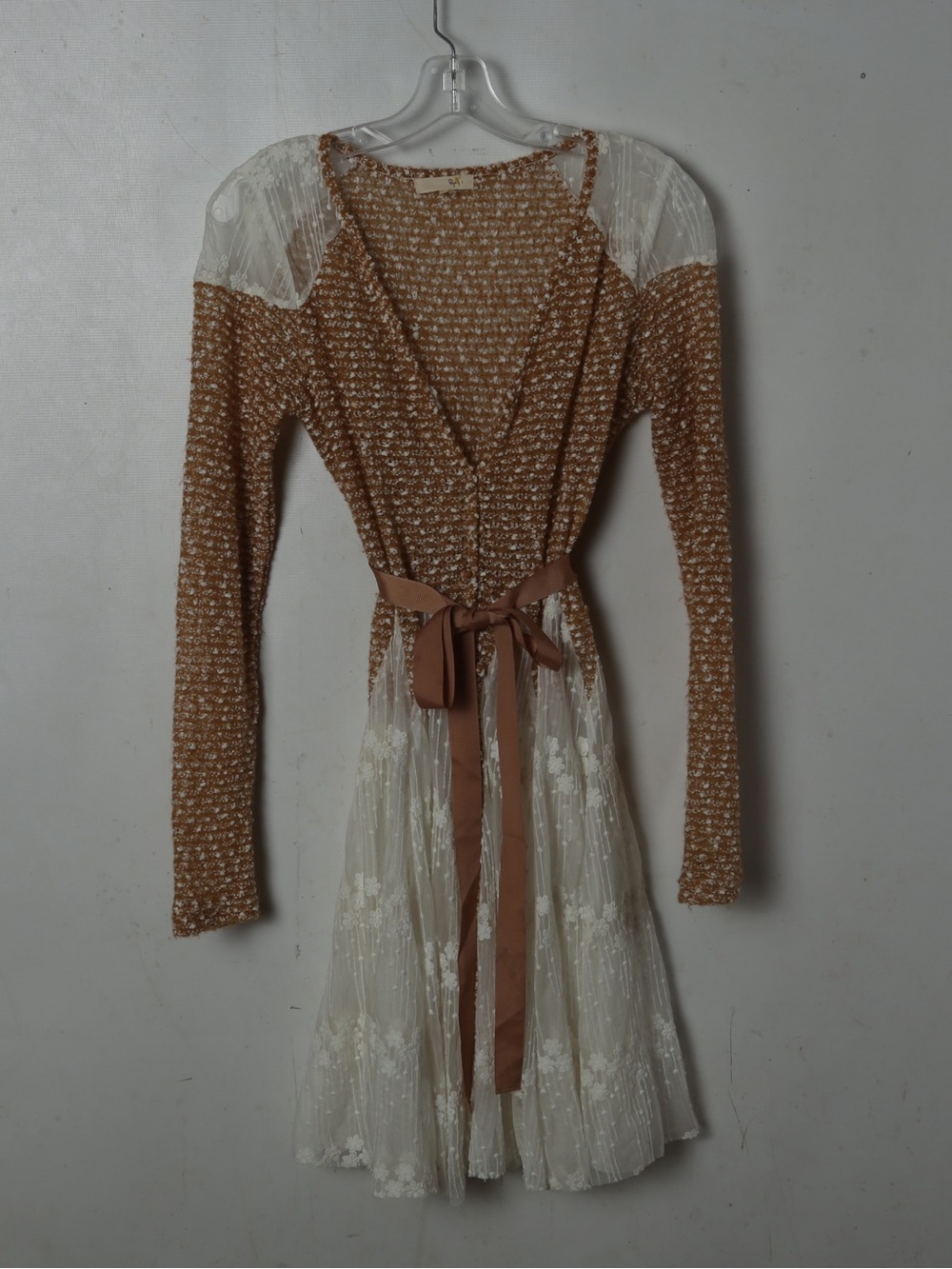 Ryu Brown Knit & Cream Lace Wrap Dress with Sash